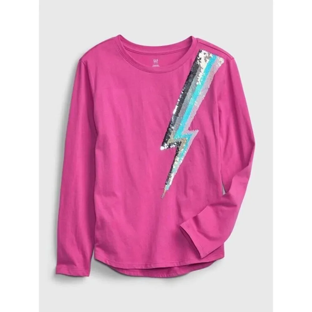 GAP Kid Girls Pink Flip Sequins Lightning Organic Cotton Casual School Top S 6-7